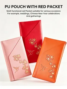 Juego de tres sobres rojos de cuero PU con elegantes diseños de flores y colibríes en oro.