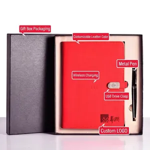 Professionelles rotes Notizbuch-Geschenkset mit kabellosem Laden, Metallstift und Logo.