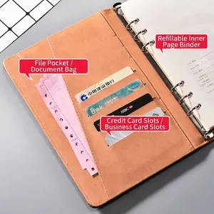 Multifunktionaler brauner Leder-Notizblock mit Dokumentenfach und stabilem 6-Ring-Binder