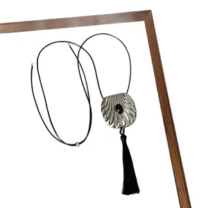 Neo-Chinese style shell pendant necklace with long black tassel and black cord