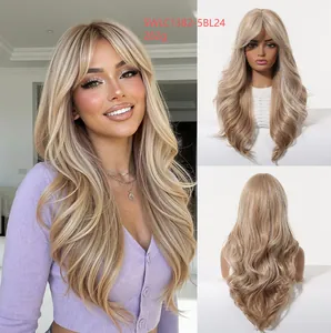 Detailed views of a long wavy blonde wig with curtain bangs from multiple angles