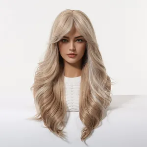 Front view detail of a long wavy ash blonde synthetic wig featuring stylish curtain bangs