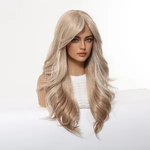 Close-up view of long blonde wavy wig with stylish curtain bangs on a mannequin