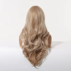 Detailed back view of long wavy blonde synthetic wig showing natural hair texture
