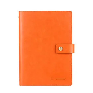 Bright orange faux leather A5 binder notebook featuring a secure buckle strap closure