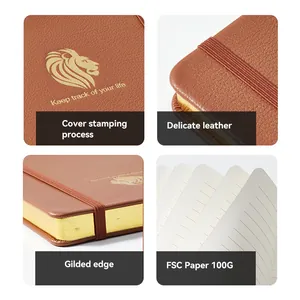 Professioneel A5 lederen notitieboek met gouden randen en 100g FSC-papier details.