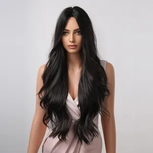 Perruque longue et bouclée noire naturelle pour femme en fibres synthétiques de luxe