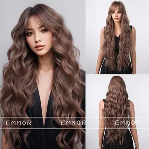 Perruque Synthétique Brune Longue Ondulée Style Occidental pour Femmes Grandes Vagues Frange Séparée Look Naturel Tête Complète