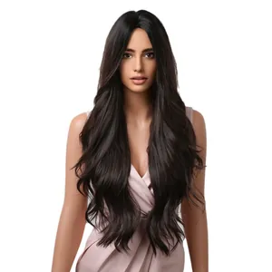 Perruque noire longue et ondulée pour femme avec une coiffure réaliste et tendance