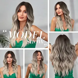 Stylish long wavy ombre synthetic hair wig featuring black roots and ash grey highlights
