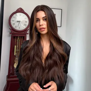 Macro view of soft ombre brown waves on a long middle part synthetic wig for women