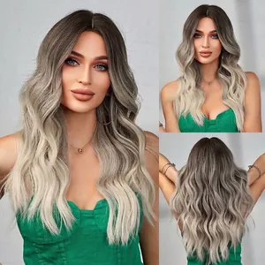 Middle Part Long Wavy Synthetic Wig For Women Ombre Black To Grey Textured Perm Heat Resistant Fiber Full Hair Wig Cap