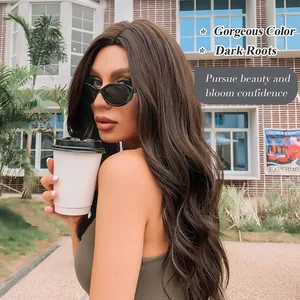 Long wavy synthetic ombre brown wig with natural dark roots for women