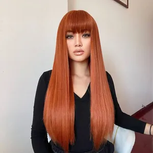 Professional detail view of smooth long straight orange brown synthetic wig with neat bangs