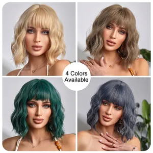 Perruque Bob Courte Ondulée Avec Frange Fibre Synthétique Résistante à la Chaleur Perruque Tête Entière Pour Femmes Usage Quotidien Cosplay Coiffure Bob Plusieurs Couleurs