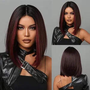 Middle Part Ombre Red Brown Long Straight Synthetic Hair Full Wig For Women Heat Resistant Fiber Fashion Style Wig