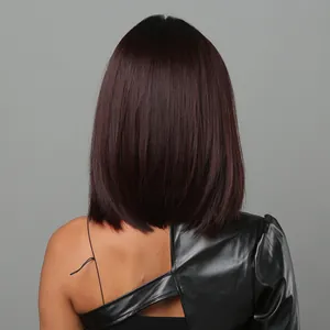 Back view of a sleek gradient reddish brown straight bob synthetic wig for women