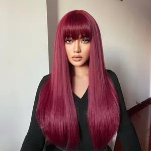 Detail showing the smooth texture of a long straight burgundy wig with blunt bangs