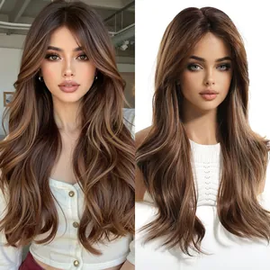 Detalle de primer plano de peluca balayage marrón larga ondulada con raya en medio