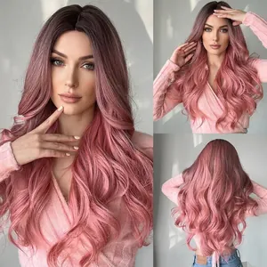 Perruque Synthétique Longue Bouclée Ondulée Rose Ombré pour Femmes Fibre Résistante à la Chaleur Raie au Milieu Postiche Naturel