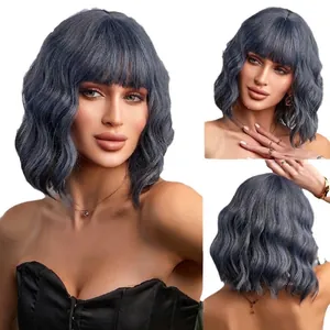Perruque bob ondulée bleu-gris avec frange pour femmes, cheveux synthétiques bouclés