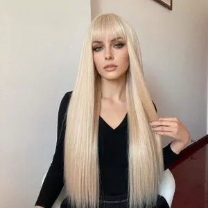 Close-up of a long straight blonde synthetic hair wig with bangs on a female model