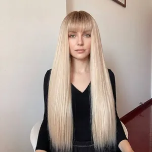 Front view of long straight blonde wig with neat bangs and silky synthetic hair texture