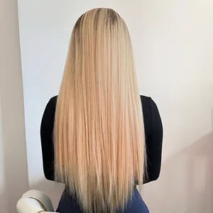 Detailed back view of smooth long blonde straight hair wig showing realistic texture