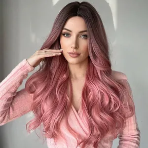 Perruque synthétique longue ondulée rose ombré avec raie au milieu pour femmes, style