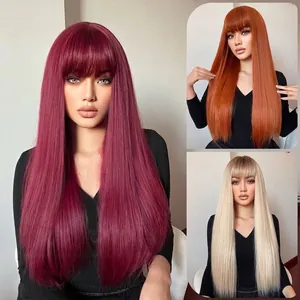 Fashionable Women Long Straight Wig Heat Resistant Synthetic Hair With Blunt Bangs Natural Look Long Straight Hair Extension For Daily Party Use