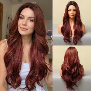 Perruque Synthétique Longue Ondulée pour Femmes Rouge Ombré Brun Méché Raie au Milieu Grandes Vagues pour Cosplay Mode Quotidienne