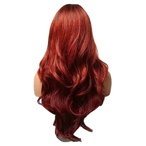 Perruque de cheveux synthétiques longs et ondulés rouge ombré avec raie au milieu pour femmes