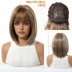 Detailansicht der 12-Zoll-Bob-Perücke in Braun-Ombré mit Highlights, Länge und Haarkappenstruktur