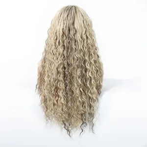 Detailed back view of long curly honey blonde mixed synthetic wig displayed on mannequin