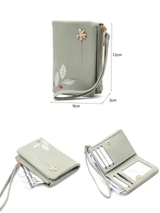 Detailed view of a green floral women's short wallet with dimensions and internal slots.