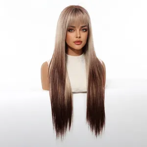 Detailed macro shot of long straight blonde to brown gradient hair wig with bangs