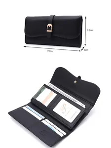 Detailed view of large capacity black long wallet with dimensions 19x9.5x3cm