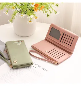 Detailed view of women's long PU leather wallet showing interior card slots and wrist strap