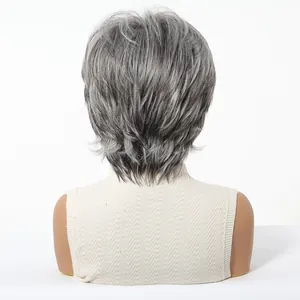 Back view of short grey layered wig for women, realistic high-temperature silk texture