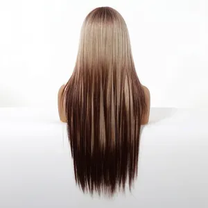 Detailed back view of long straight brown gradient wig with natural honey highlights