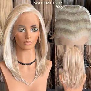 Detailed view of 13x6 lace front straight blonde wig with weight and length specifications