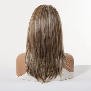 Vue arrière d'une perruque longue lisse brune avec mèches blondes cendrées et texture soyeuse