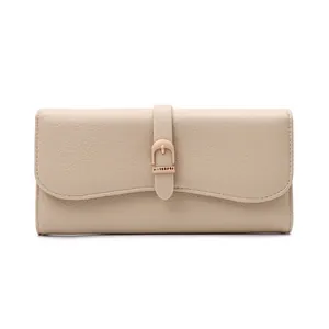 Front view of a beige pebbled leather long wallet with a horseshoe buckle metal logo