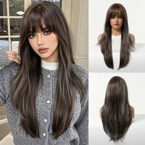 Long straight brown gradient wig with bangs and layered hair cut for a natural look