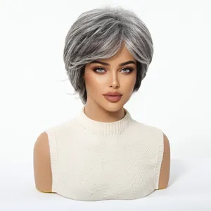 Natural short grey wig for women, heat-resistant synthetic fiber in European style