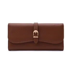 Front view of a brown textured leather long wallet for women with a gold buckle
