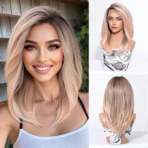 Detail view of a 13x6 lace front wig with blonde ombre shoulder-length straight hair