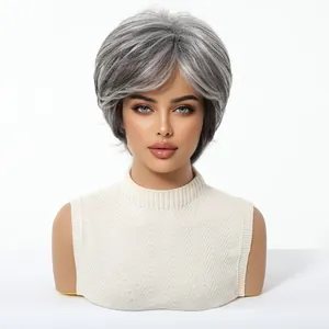 Short silver gray layered wig for women, natural synthetic hair with front bangs