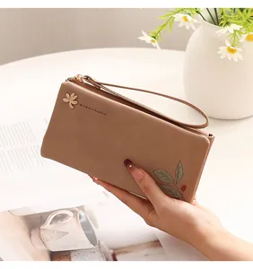 Elegant long PU leather women's wallet featuring floral print and handy wrist strap