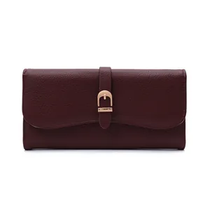 Elegant burgundy textured faux leather long wallet for women with gold buckle clasp detail